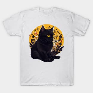 Black Cat Sits On Field Flowers T-Shirt